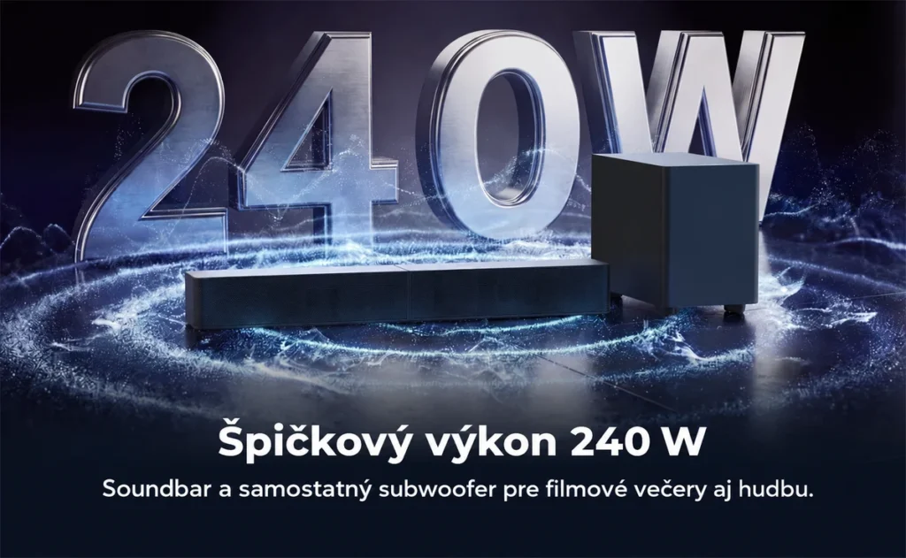 Soundbar ULTIMEA Poseidon R3T a subwoofer s údajom o špičkovom výkone 240 W.