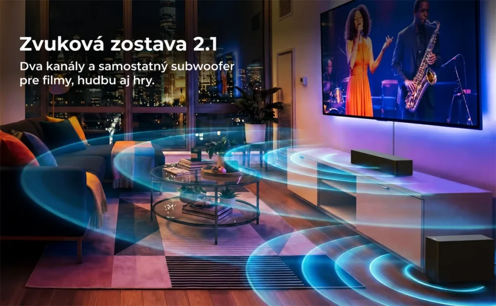 Soundbar a samostatný subwoofer ULTIMEA Poseidon R3T v obývačke s ilustračnými zvukovými vlnami.