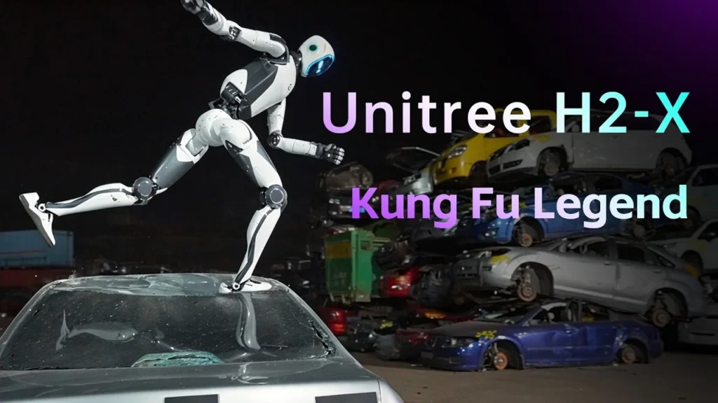 Unitree H2-X pri akrobatickom pohybe na streche auta
