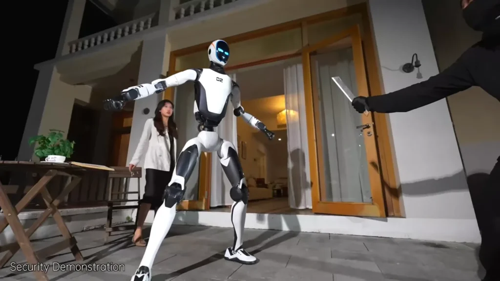 Robot Unitree H2-X medzi ženou a útočníkom v inscenovanej ukážke ochrany
