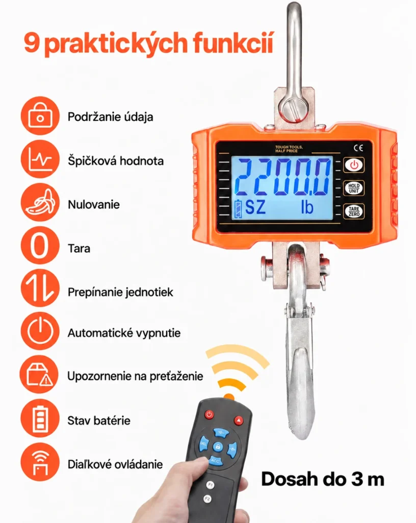Prehľad funkcií váhy VEVOR vrátane tary, podržania údaja a diaľkového ovládania do 3 m.