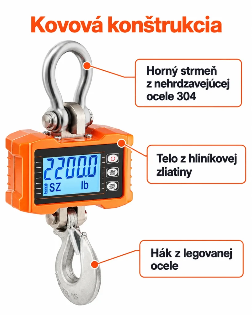 Hliníkové telo váhy VEVOR, horný strmeň z ocele 304 a spodný hák z legovanej ocele.