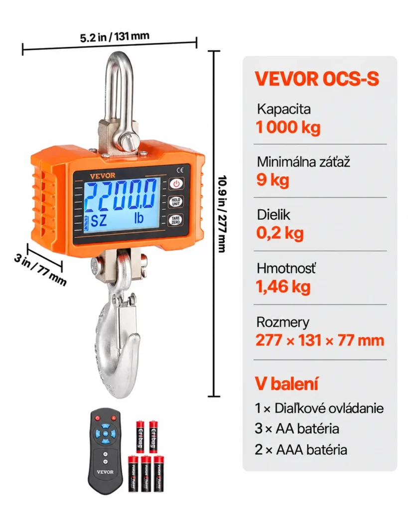 VEVOR OCS-S s rozmermi 277 × 131 × 77 mm, hmotnosťou 1,46 kg a príslušenstvom.