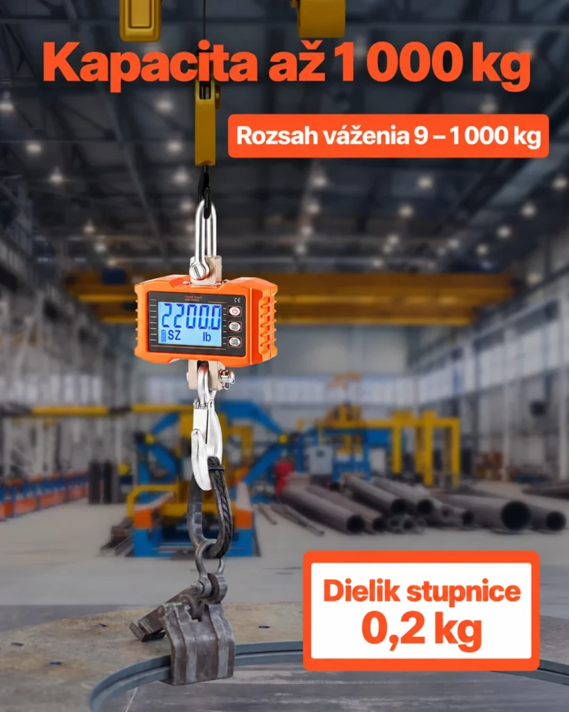 Závesná váha VEVOR s rozsahom váženia 9 až 1 000 kg a dielikom stupnice 0,2 kg.