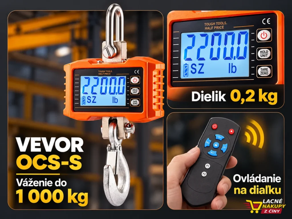 Závesná váha VEVOR OCS-S, detail LCD displeja a diaľkový ovládač v troch dlaždiciach.