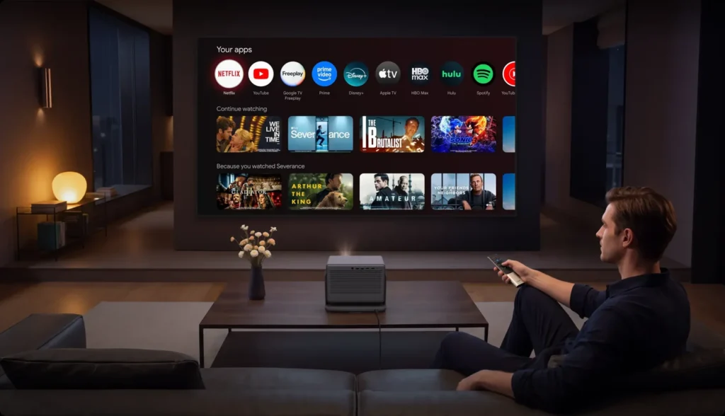 Používateľ ovláda projektor XGIMI Horizon 30 s rozhraním Google TV