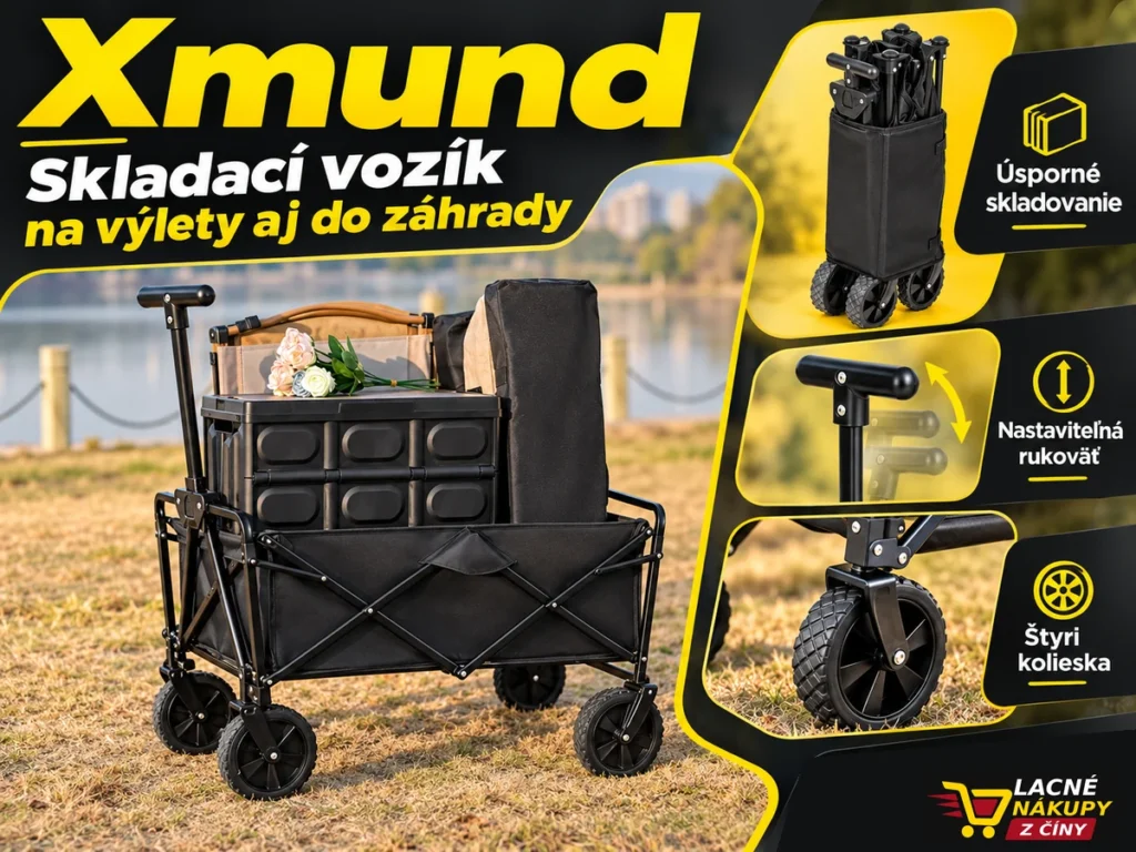 Skladací vozík Xmund s detailmi skladania, rukoväti a kolies
